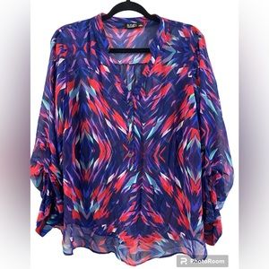 a.n.a. Blouse Blue Colorful chiffon Vneck 3/4 sleeves 1X